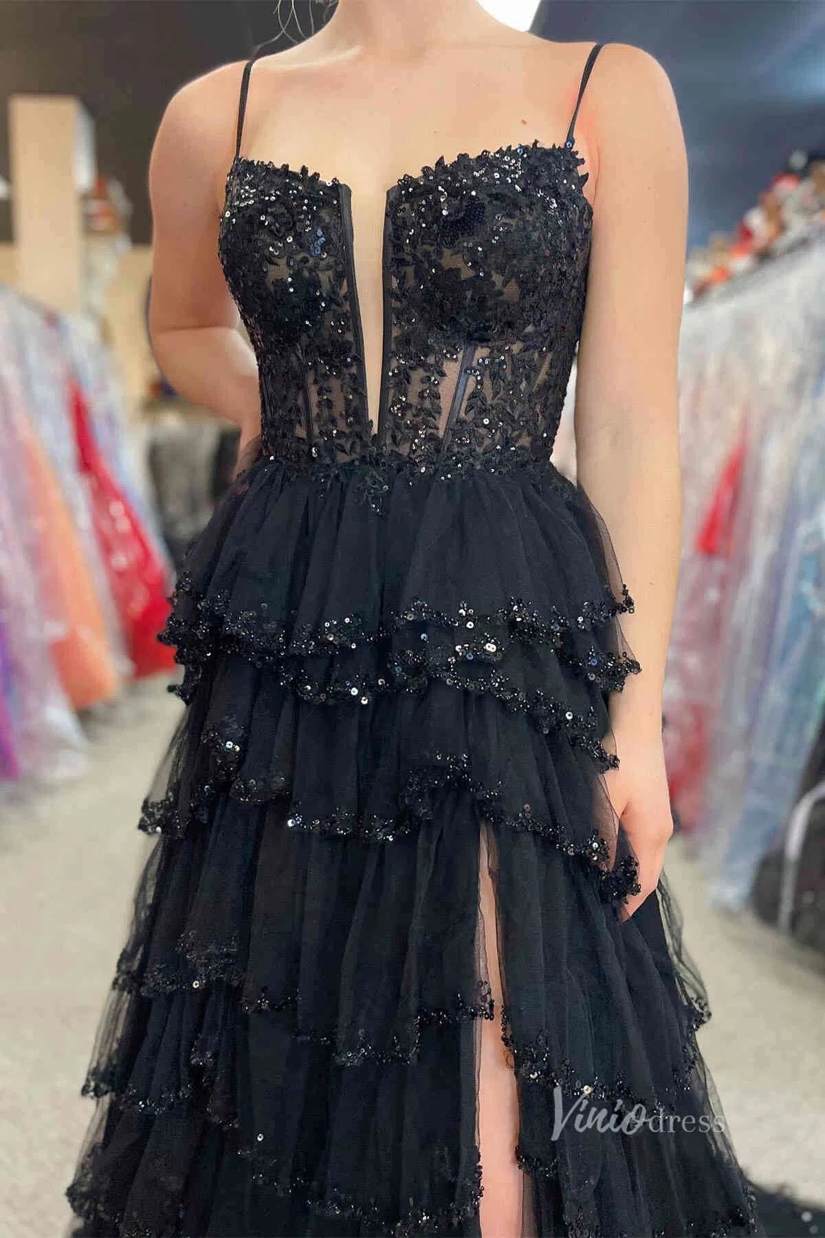 Beaded Tiere Ruffle Prom Dresses Spaghetti Strap Formal Gowns FD3640B-prom dresses 2025 -Viniodress-Black-Custom Size-