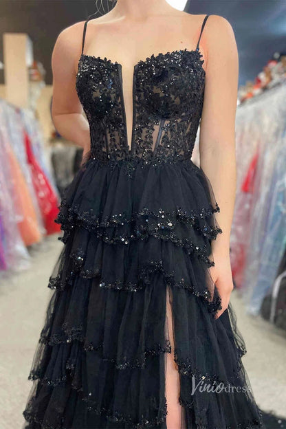 Beaded Tiere Ruffle Prom Dresses Spaghetti Strap Formal Gowns FD3640B-prom dresses 2025 -Viniodress-Black-Custom Size-