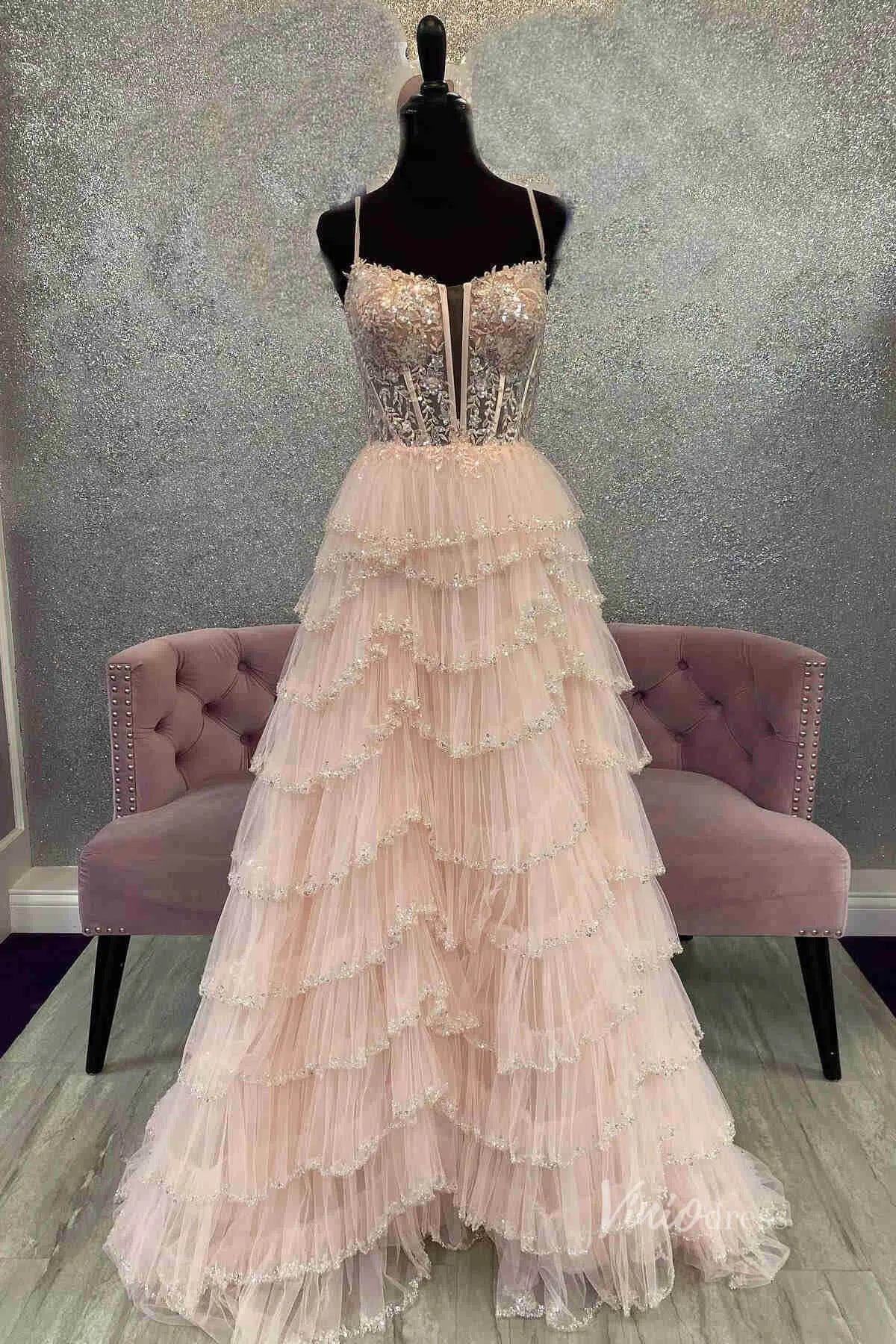 Beaded Tiere Ruffle Prom Dresses Spaghetti Strap Formal Gowns FD3640B-prom dresses 2025 -Viniodress-Blush Pink-Custom Size-
