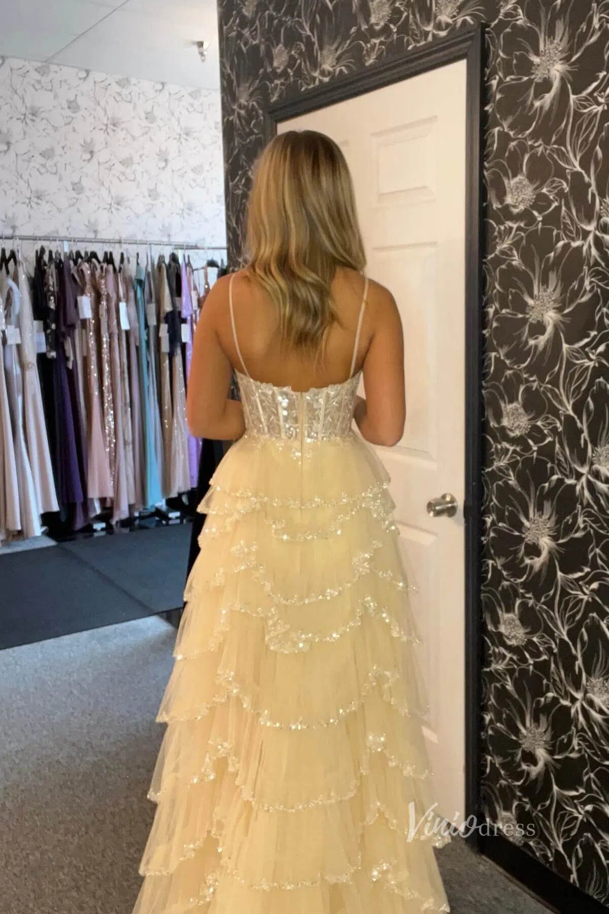 Beaded Tiere Ruffle Prom Dresses Spaghetti Strap Formal Gowns FD3640B - Viniodressprom dressesChampagneCustom Size - Formal Dresses - Ball Gowns