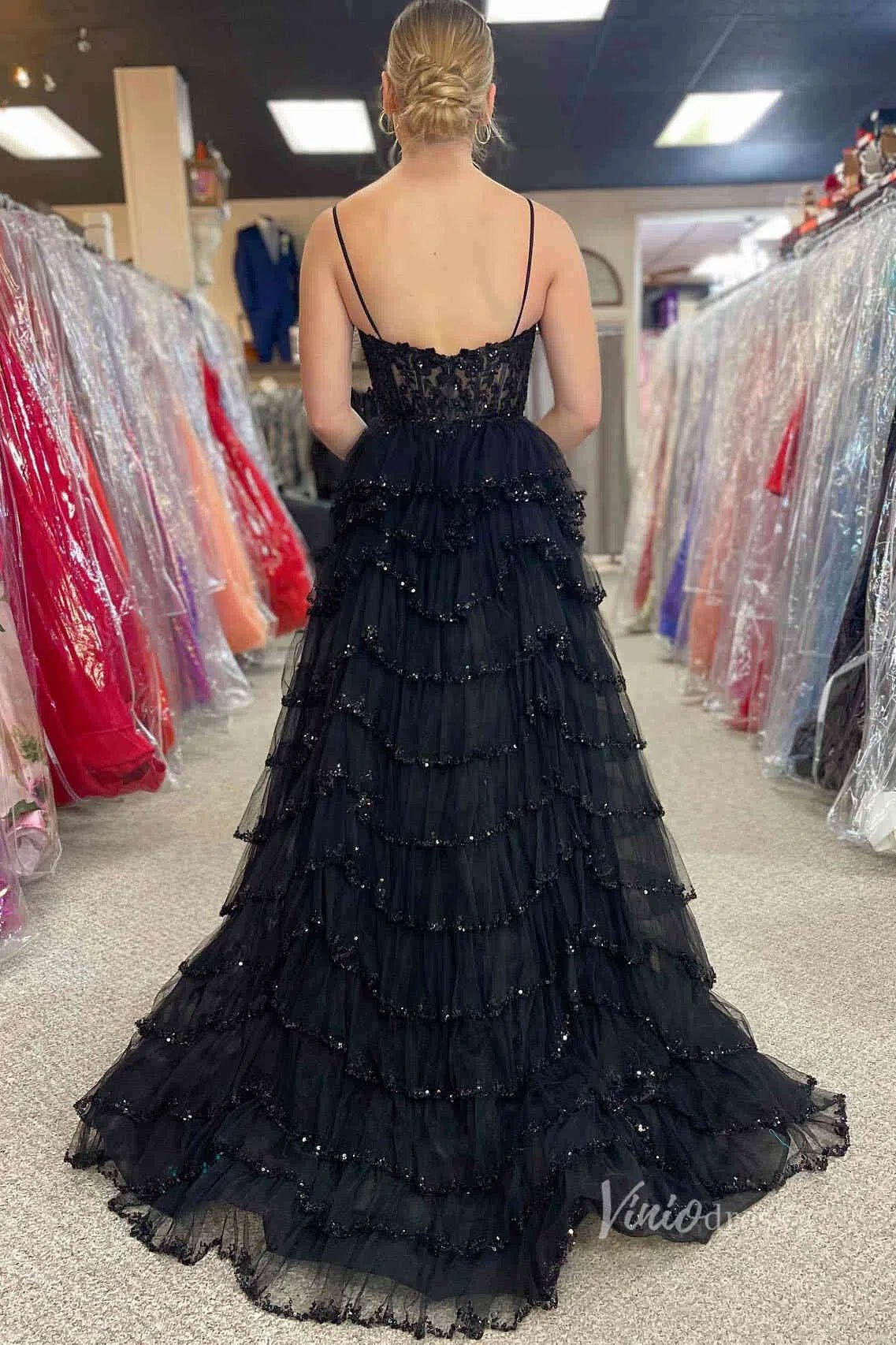 Beaded Tiere Ruffle Prom Dresses Spaghetti Strap Formal Gowns FD3640B - Viniodressprom dressesBlackCustom Size - Formal Dresses - Ball Gowns