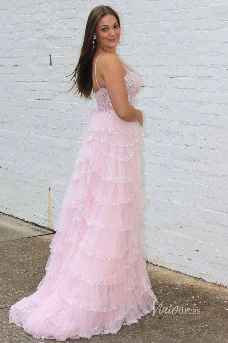 Beaded Tiere Ruffle Prom Dresses Spaghetti Strap Formal Gowns FD3640B - Viniodressprom dressesBlush PinkCustom Size - Formal Dresses - Ball Gowns