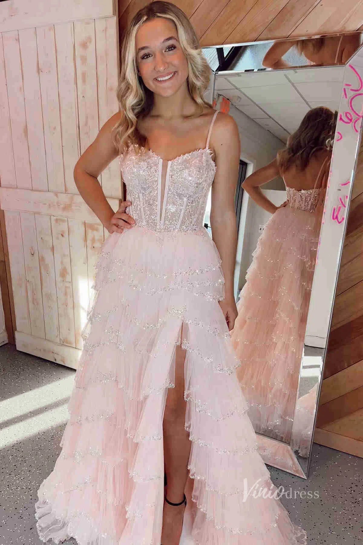 Beaded Tiere Ruffle Prom Dresses Spaghetti Strap Formal Gowns FD3640B-prom dresses-Viniodress-Viniodress