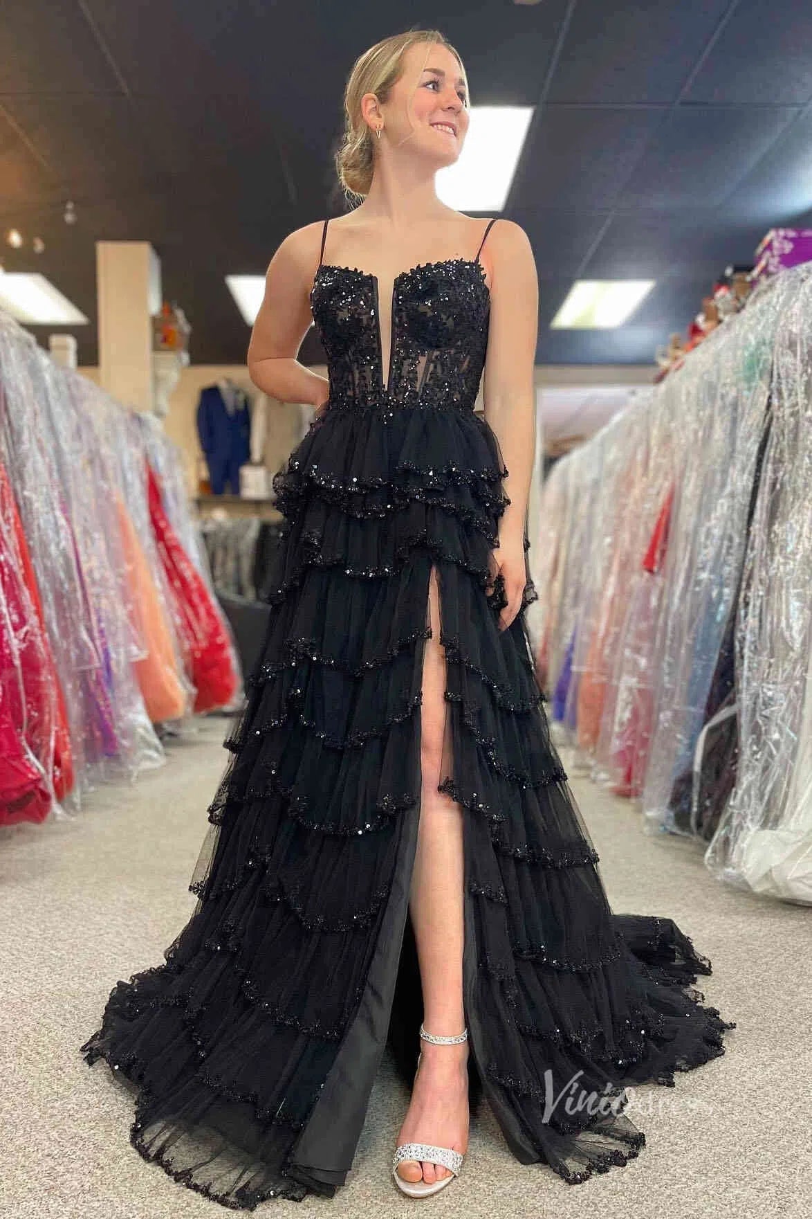 Beaded Tiere Ruffle Prom Dresses Spaghetti Strap Formal Gowns FD3640B - Viniodressprom dressesBlackCustom Size - Formal Dresses - Ball Gowns