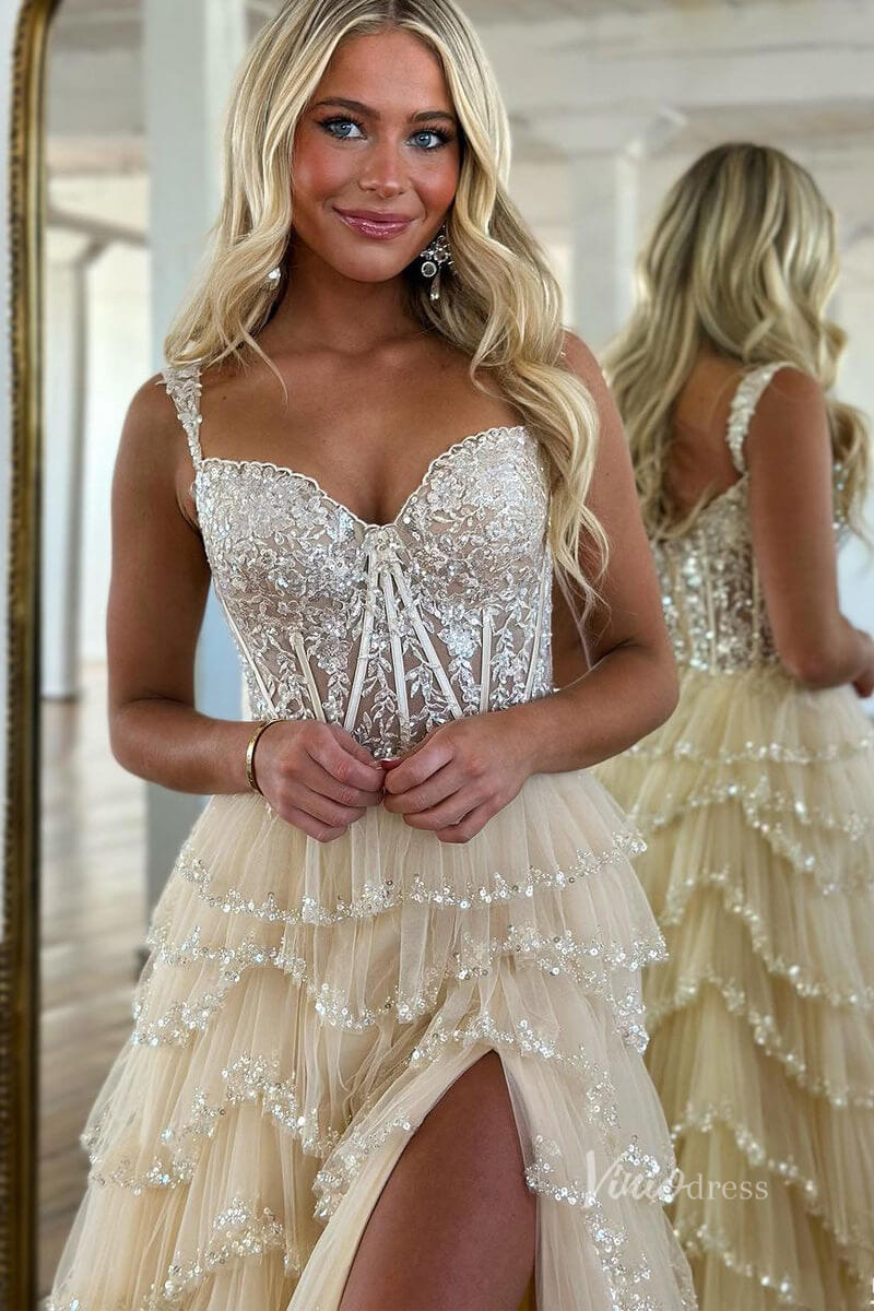 Beaded Tiere Ruffle Prom Dresses with Slit, Off the Shoulder FD3640D-prom dresses 2025 -Viniodress-Champagne-Custom Size-