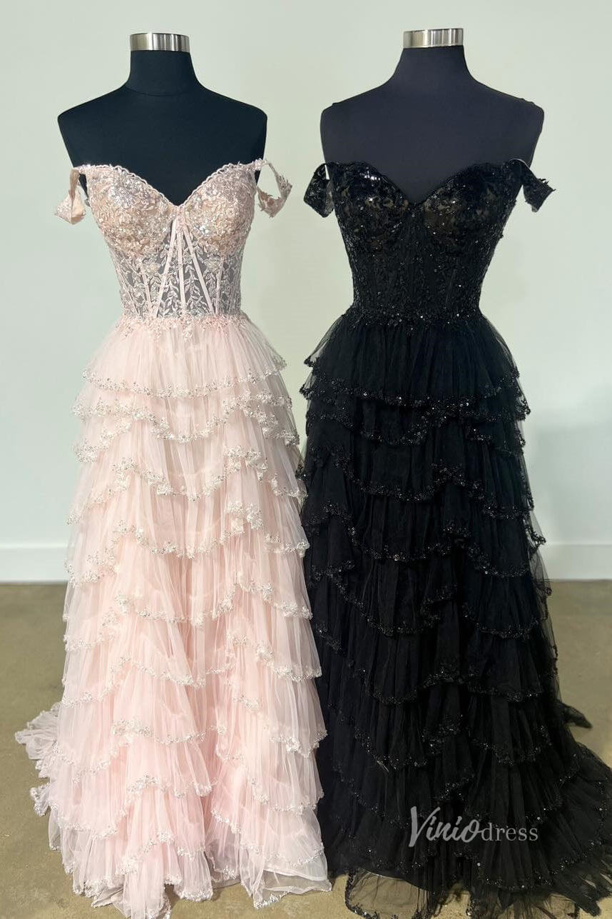 Beaded Tiere Ruffle Prom Dresses with Slit, Off the Shoulder FD3640D - Viniodressprom dressesChampagneCustom Size - Formal Dresses - Ball Gowns