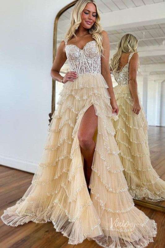 Beaded Tiere Ruffle Prom Dresses with Slit, Off the Shoulder FD3640D - Viniodressprom dressesChampagneCustom Size - Formal Dresses - Ball Gowns