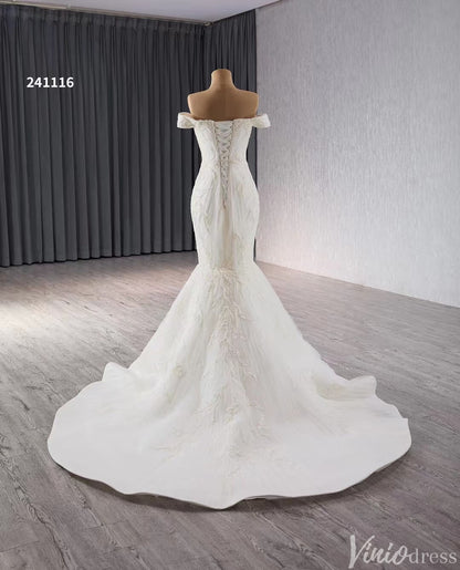 Beaded Tulle Mermaid Wedding Dresses Off the Shoulder Corset Back 241116-wedding dresses 2025 -Viniodress-Ivory-Custom Size-