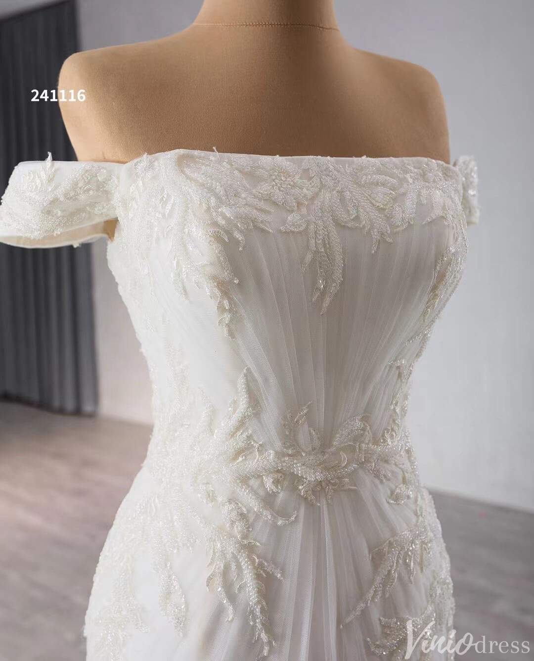 Beaded Tulle Mermaid Wedding Dresses Off the Shoulder Corset Back 241116-wedding dresses 2025 -Viniodress-Ivory-Custom Size-