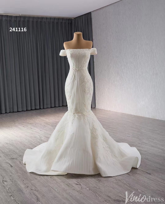 Beaded Tulle Mermaid Wedding Dresses Off the Shoulder Corset Back 241116-wedding dresses 2025 -Viniodress-Ivory-Custom Size-
