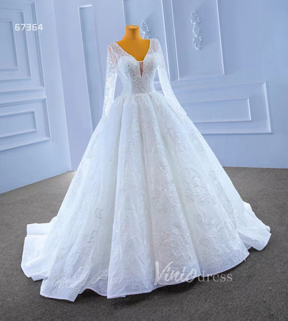 Beaded V-neck Ball Gown Wedding Dress with Sleeves 67364-wedding dresses 2025 -Viniodress-Ivory-Custom Size-