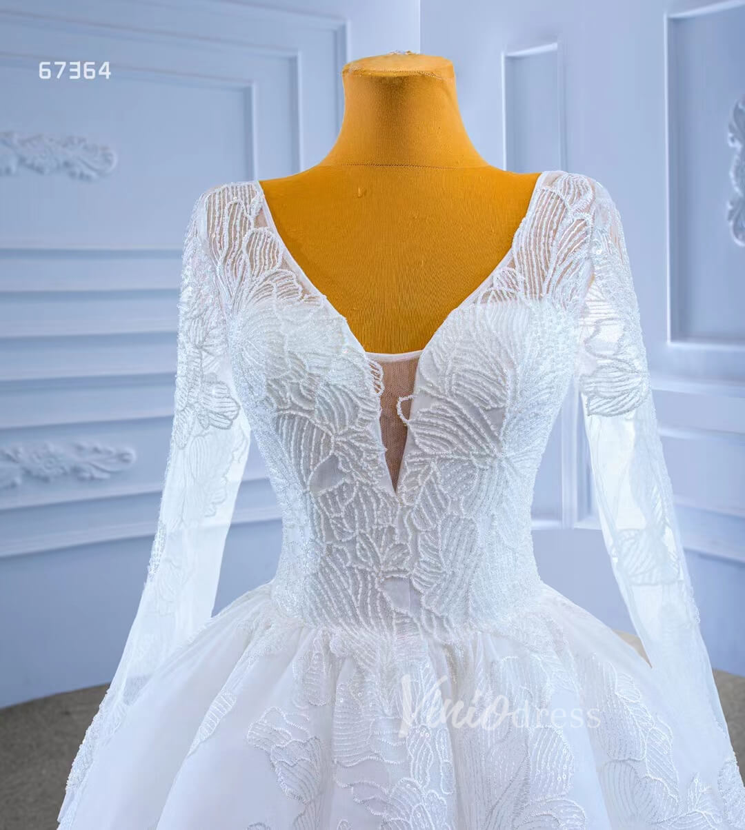 Beaded V-neck Ball Gown Wedding Dress with Sleeves 67364-wedding dresses 2025 -Viniodress-Ivory-Custom Size-