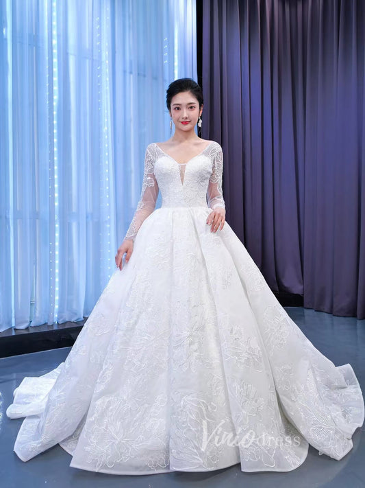 Beaded V-neck Ball Gown Wedding Dress with Sleeves 67364-wedding dresses 2025 -Viniodress-Ivory-Custom Size-