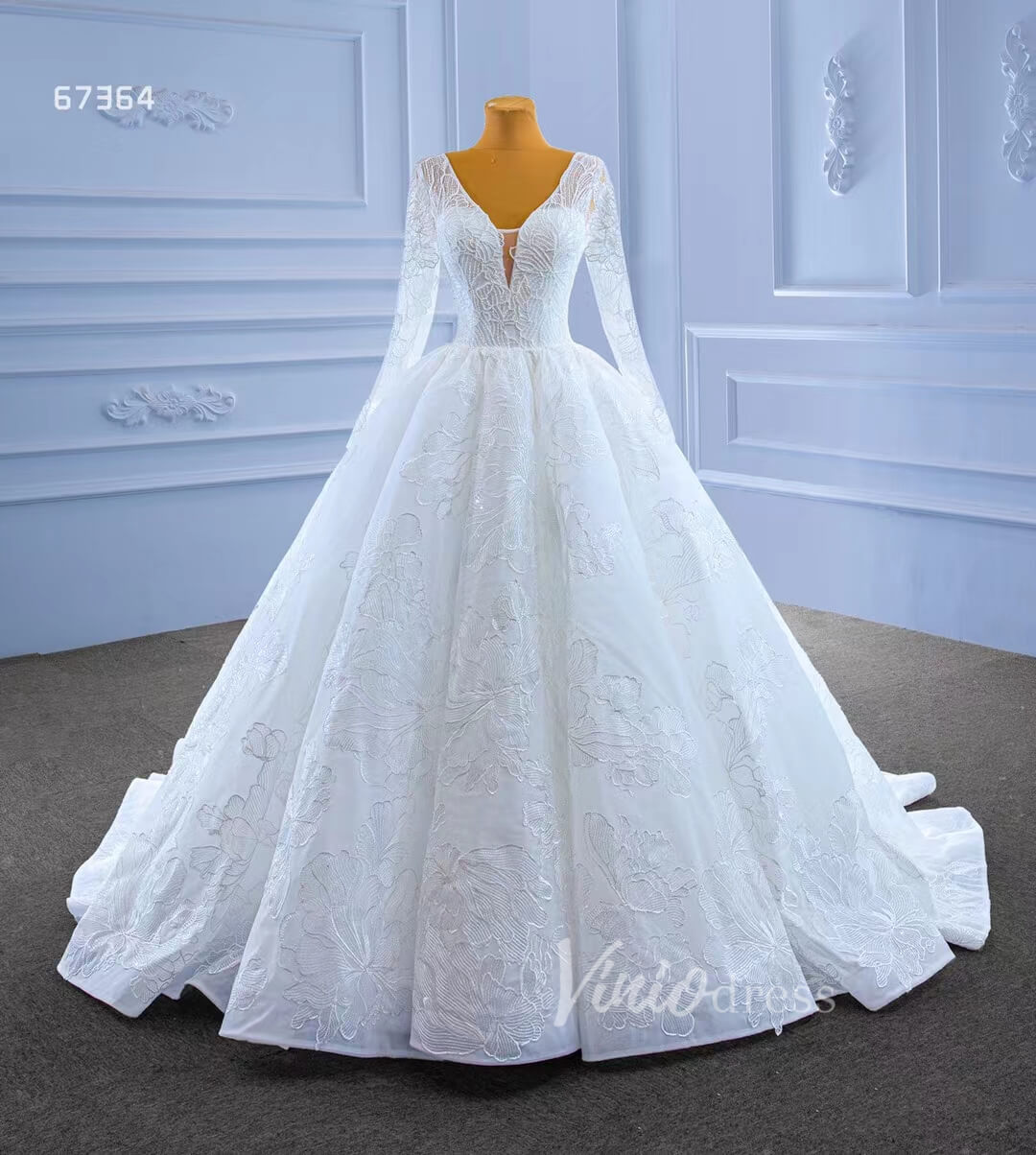 Beaded V-neck Ball Gown Wedding Dress with Sleeves 67364-wedding dresses-Viniodress-Viniodress