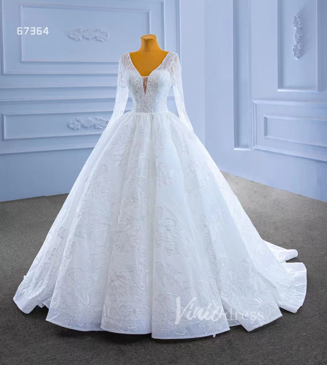 Beaded V-neck Ball Gown Wedding Dress with Sleeves 67364-wedding dresses-Viniodress-Viniodress