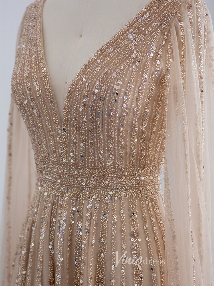 Beaded V-neck Prom Dresses Cape Sleeve Gatsby Formal Dresses 20017B-Evening Dresses 2025 -Viniodress-Green-US 2-