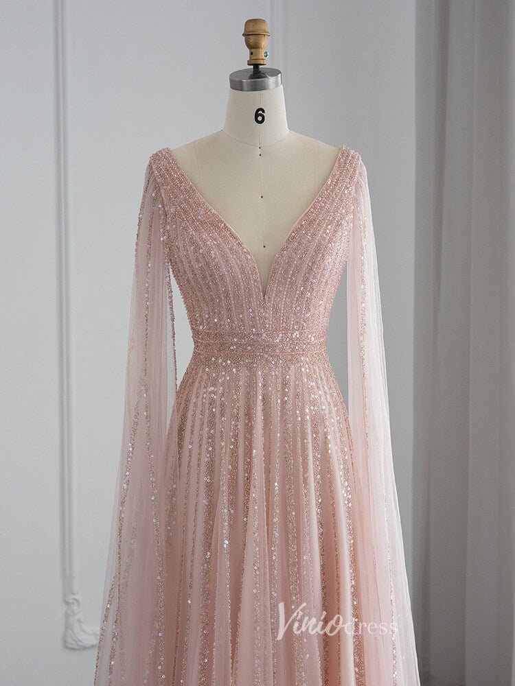 Beaded V-neck Prom Dresses Cape Sleeve Gatsby Formal Dresses 20017B-Evening Dresses 2025 -Viniodress-Green-US 2-