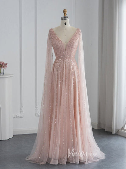 Beaded V-neck Prom Dresses Cape Sleeve Gatsby Formal Dresses 20017B-Evening Dresses 2025 -Viniodress-Pink-US 2-