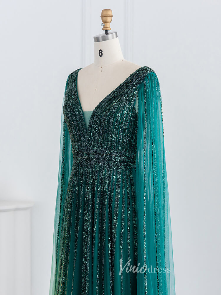 Prom Dress 2025 Beaded V-neck Prom Dresses Cape Sleeve Evening Gowns 20017B-unique prom dresses-Emerald Green-US 2-Viniodress