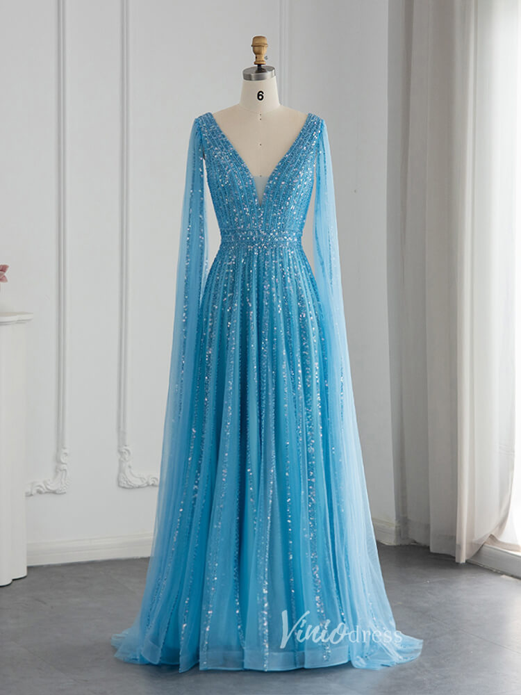 Prom Dress 2025 Beaded V-neck Prom Dresses Cape Sleeve Evening Gowns 20017B-unique prom dresses-Aqua-US 2-Viniodress