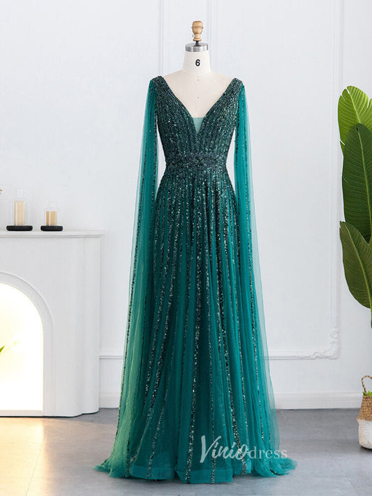 Prom Dress 2025 Beaded V-neck Prom Dresses Cape Sleeve Evening Gowns 20017B-unique prom dresses-Emerald Green-US 2-Viniodress