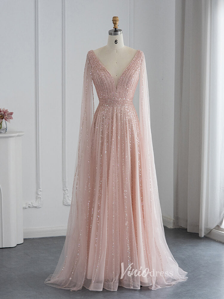 Prom Dress 2025 Beaded V-neck Prom Dresses Cape Sleeve Evening Gowns 20017B-unique prom dresses-Pink-US 2-Viniodress