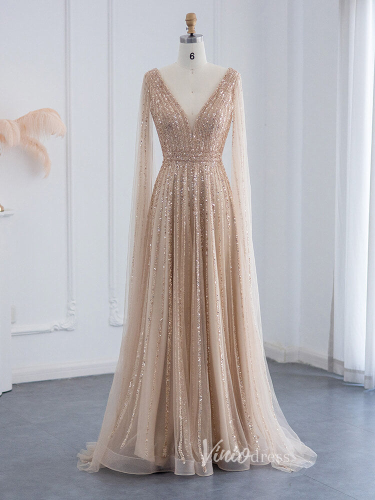 Prom Dress 2025 Beaded V-neck Prom Dresses Cape Sleeve Evening Gowns 20017B-unique prom dresses-Taupe-US 2-Viniodress