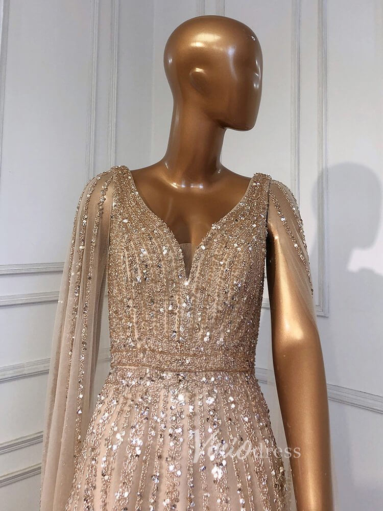 Beaded V-neck Prom Dresses Cape Sleeve Pageant Gowns 20017-Evening Dresses 2025 -Viniodress-As Picture-US 2-