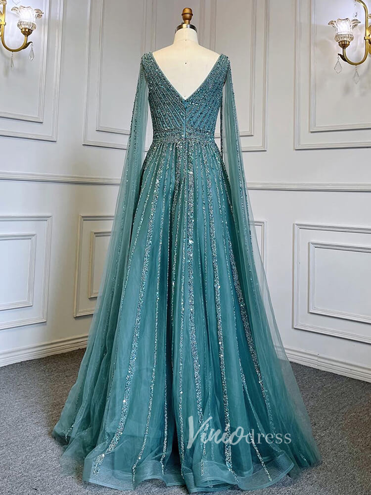 Beaded V-neck Prom Dresses Cape Sleeve Pageant Gowns 20017-Evening Dresses 2025 -Viniodress-As Picture-US 2-