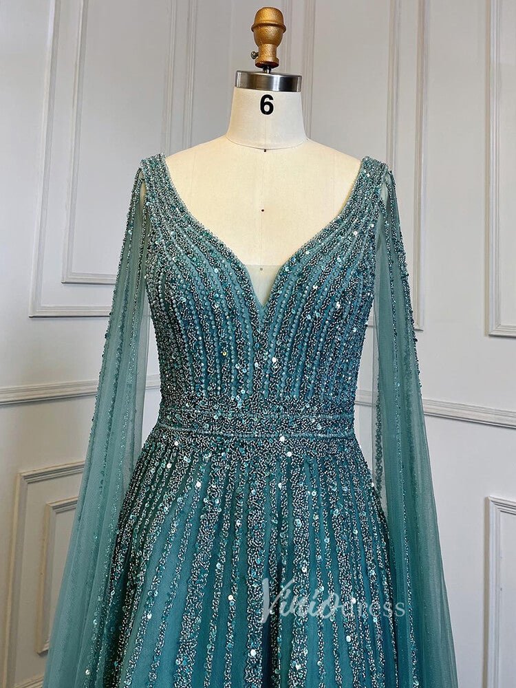 Beaded V-neck Prom Dresses Cape Sleeve Pageant Gowns 20017-Evening Dresses 2025 -Viniodress-As Picture-US 2-