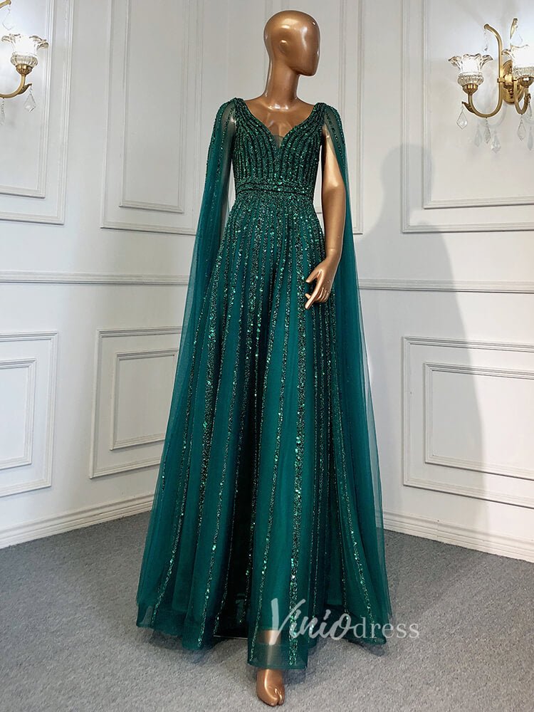 Beaded V-neck Prom Dresses Cape Sleeve Pageant Gowns 20017-Evening Dresses 2025 -Viniodress-As Picture-US 2-