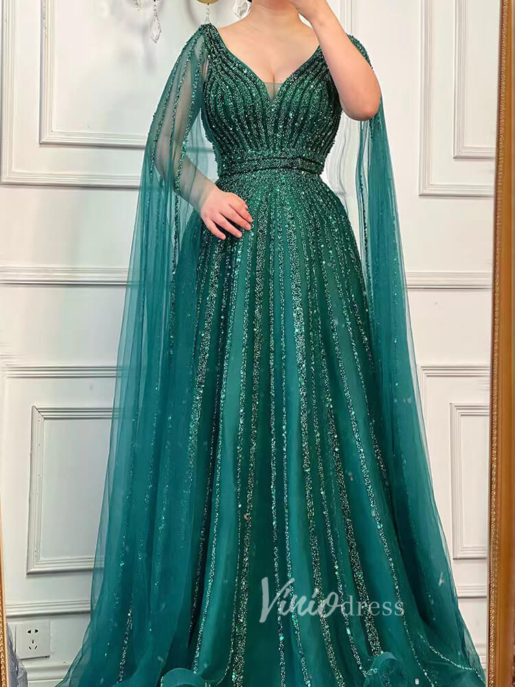 Beaded V-neck Prom Dresses Cape Sleeve Pageant Gowns 20017-Evening Dresses 2025 -Viniodress-As Picture-US 2-