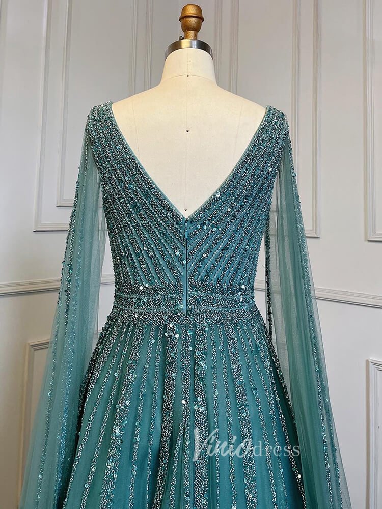 Beaded V-neck Prom Dresses Cape Sleeve Pageant Gowns 20017-Evening Dresses 2025 -Viniodress-As Picture-US 2-