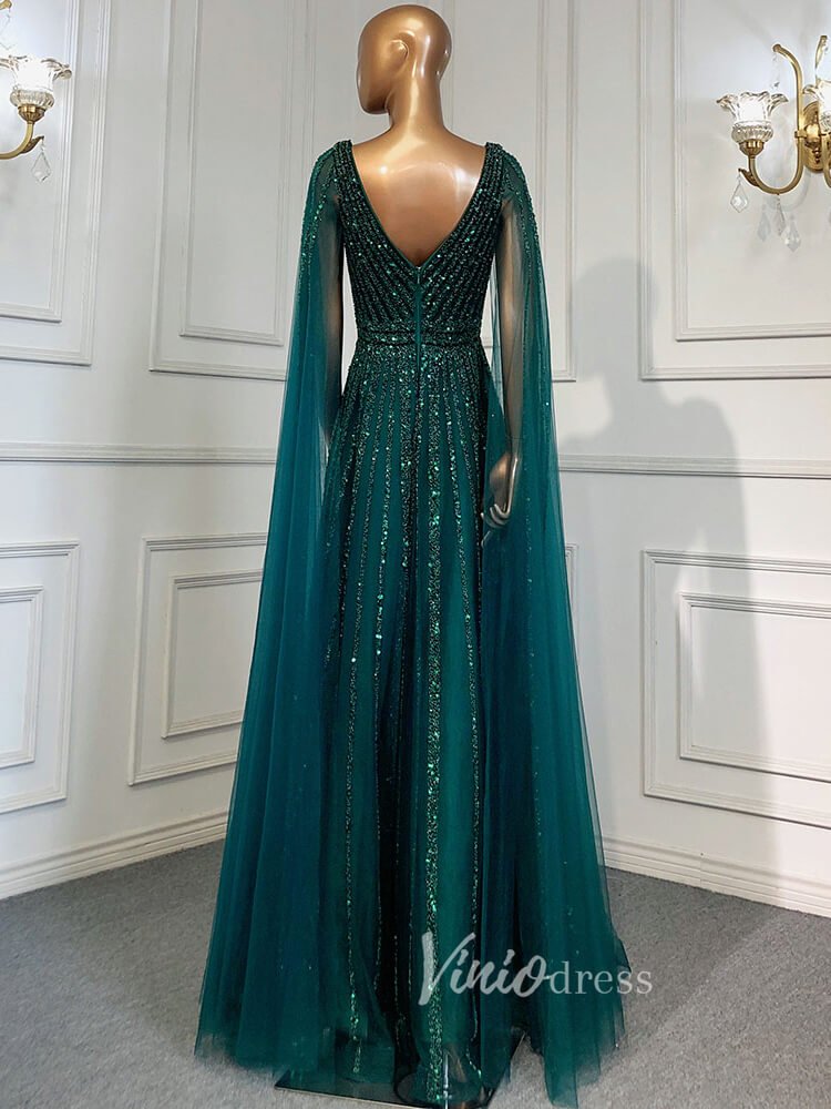 Beaded V-neck Prom Dresses Cape Sleeve Pageant Gowns 20017-Evening Dresses 2025 -Viniodress-As Picture-US 2-