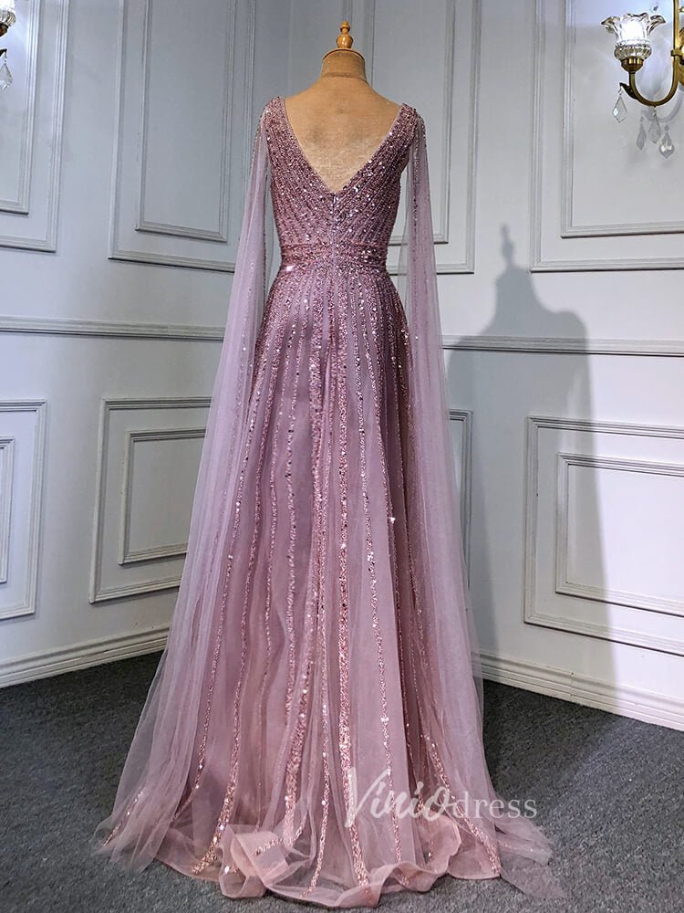 Beaded V-neck Prom Dresses Cape Sleeve Pageant Gowns 20017-Evening Dresses 2025 -Viniodress-As Picture-US 2-