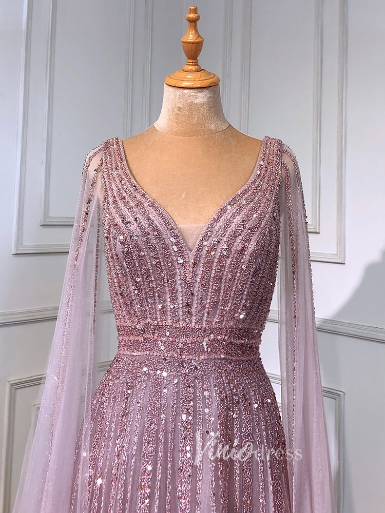 Beaded V-neck Prom Dresses Cape Sleeve Pageant Gowns 20017-Evening Dresses 2025 -Viniodress-As Picture-US 2-