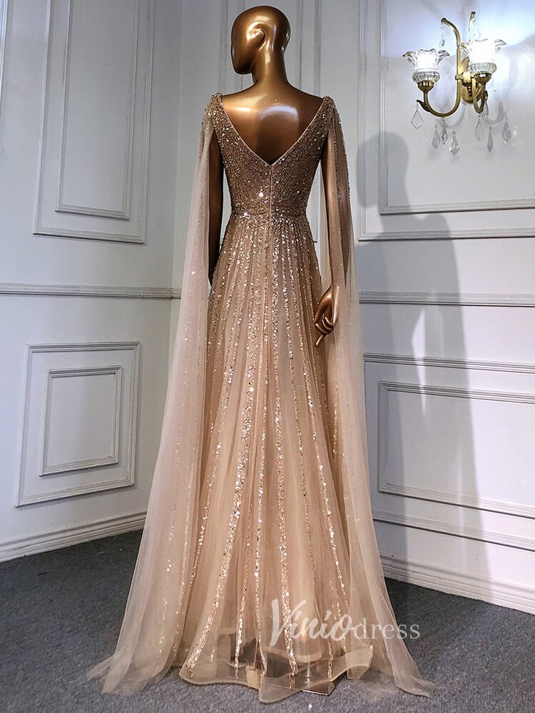 Beaded V-neck Prom Dresses Cape Sleeve Pageant Gowns 20017-Evening Dresses 2025 -Viniodress-As Picture-US 2-