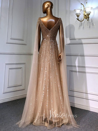Beaded V-neck Prom Dresses Cape Sleeve Pageant Gowns 20017-Evening Dresses 2025 -Viniodress-As Picture-US 2-