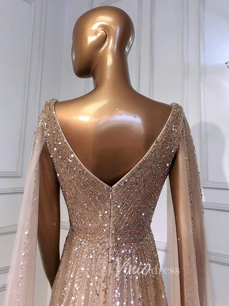 Beaded V-neck Prom Dresses Cape Sleeve Pageant Gowns 20017-Evening Dresses 2025 -Viniodress-As Picture-US 2-