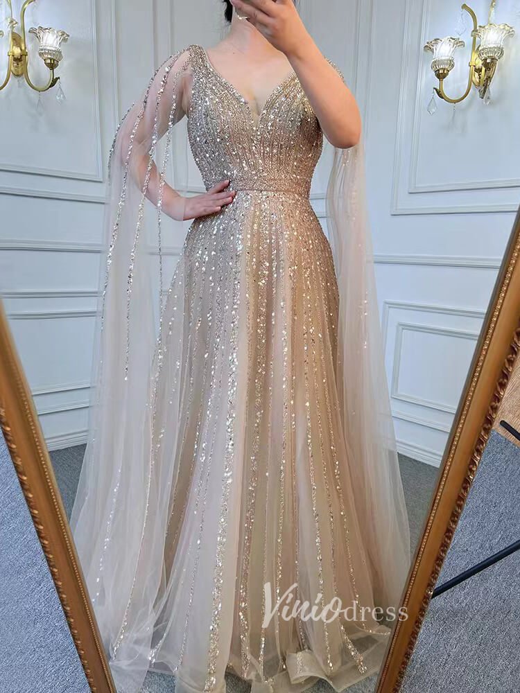 Beaded V-neck Prom Dresses Cape Sleeve Pageant Gowns 20017-Evening Dresses 2025 -Viniodress-As Picture-US 2-