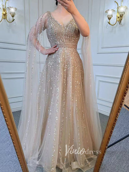 Beaded V-neck Prom Dresses Cape Sleeve Pageant Gowns 20017-Evening Dresses 2025 -Viniodress-As Picture-US 2-