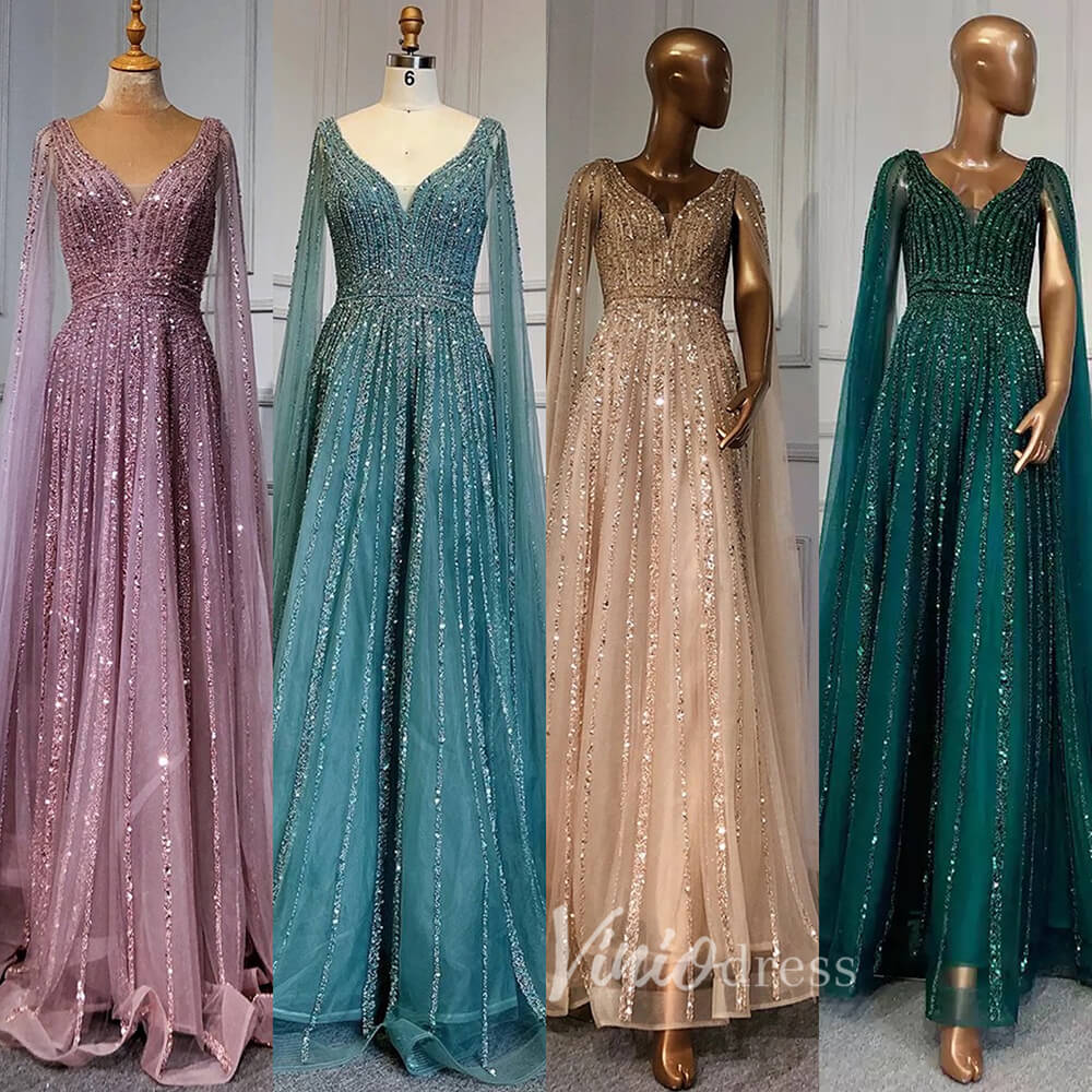 Beaded V-neck Prom Dresses Cape Sleeve Pageant Gowns 20017-Evening Dresses 2025 -Viniodress-As Picture-US 2-