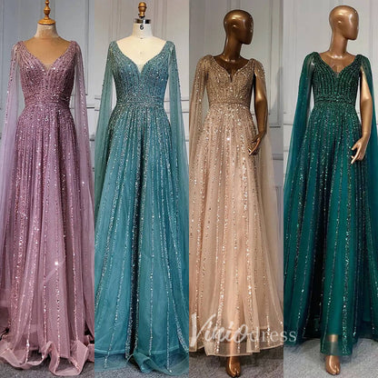 Beaded V-neck Prom Dresses Cape Sleeve Pageant Gowns 20017-Evening Dresses 2025 -Viniodress-As Picture-US 2-