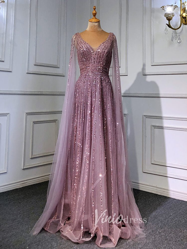 Beaded V-neck Prom Dresses Cape Sleeve Pageant Gowns 20017-Evening Dresses 2025 -Viniodress-Mauve-US 2-