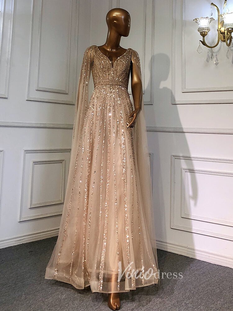 Beaded V-neck Prom Dresses Cape Sleeve Pageant Gowns 20017-Evening Dresses 2025 -Viniodress-Taupe-US 2-