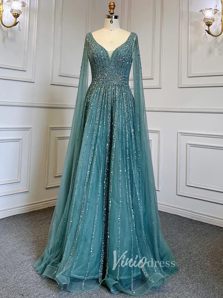 Prom Dress 2025 Beaded V-neck Prom Dresses Cape Sleeve Pageant Gowns 20017-unique prom dresses-Light Green-US 2-Viniodress