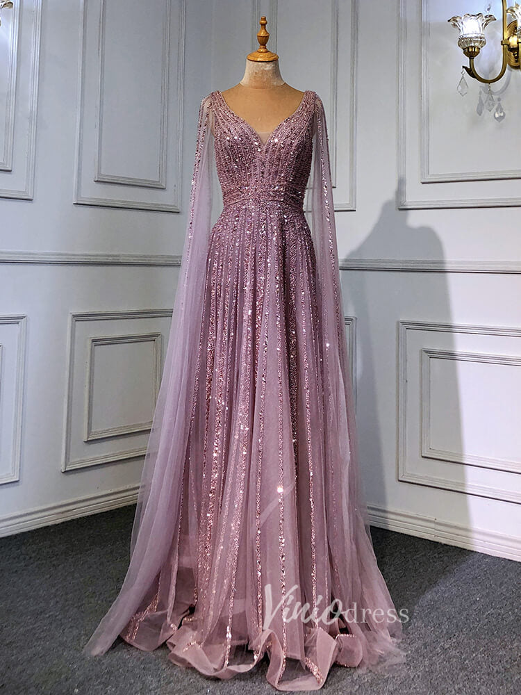 Prom Dress 2025 Beaded V-neck Prom Dresses Cape Sleeve Pageant Gowns 20017-unique prom dresses-Mauve-US 2-Viniodress