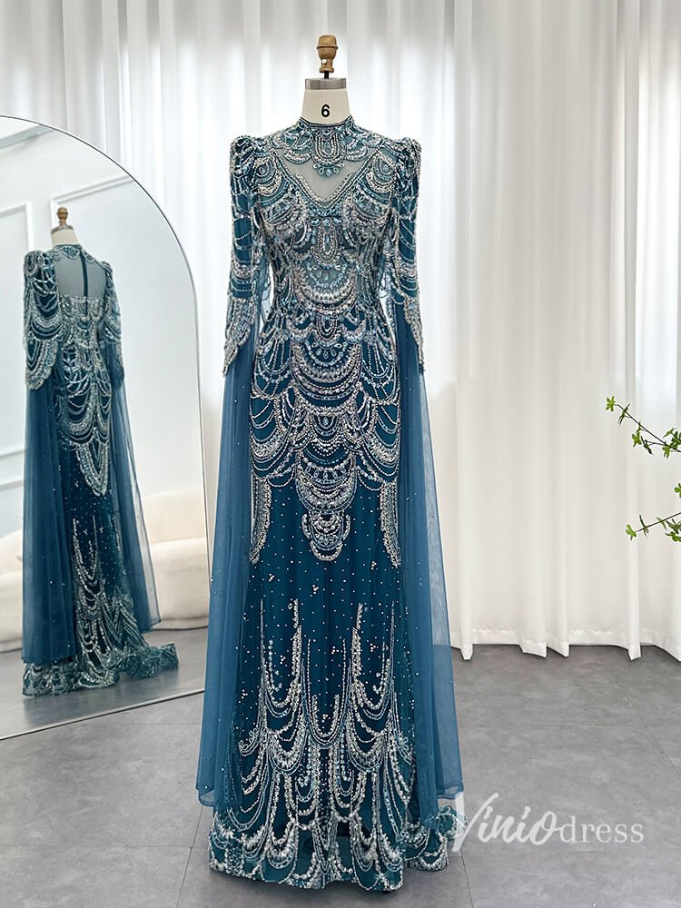 Beaded Vintage Formal Dresses Cape Sleeve Mother of Bride Dress AD1154-Evening Dresses 2025 -Viniodress-Blue-US 2-