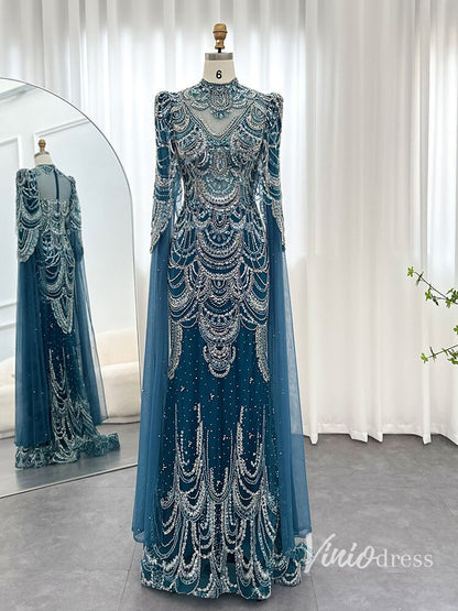 Beaded Vintage Formal Dresses Cape Sleeve Mother of Bride Dress AD1154-Evening Dresses 2025 -Viniodress-Blue-US 2-