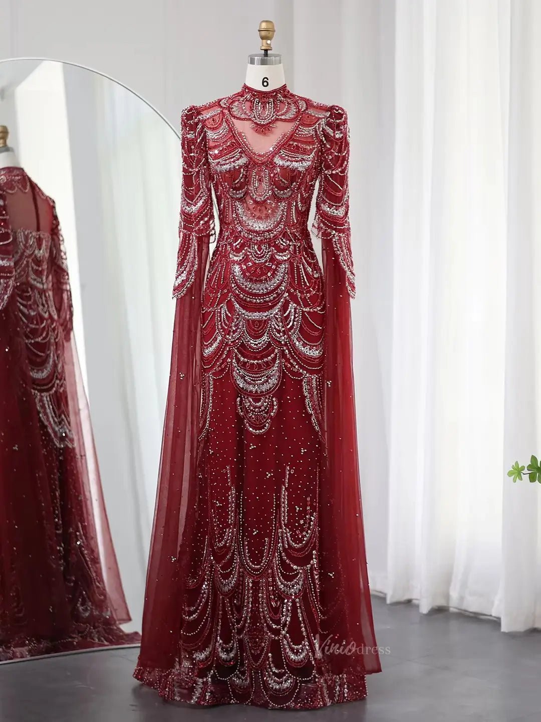 Beaded Vintage Formal Dresses Cape Sleeve Mother of Bride Dress AD1154-Evening Dresses 2025 -Viniodress-Burgundy-US 2-
